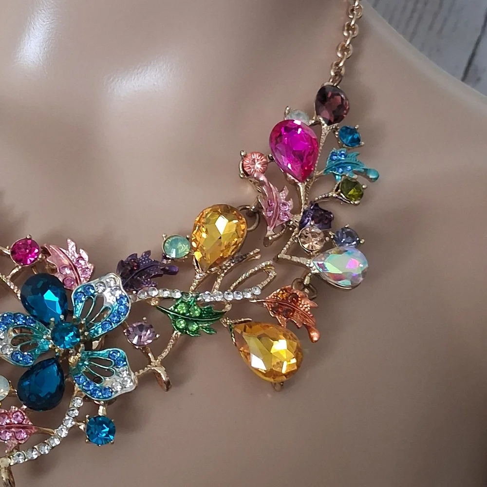 Goldtone Colorful Floral And Vine Statement Necklace